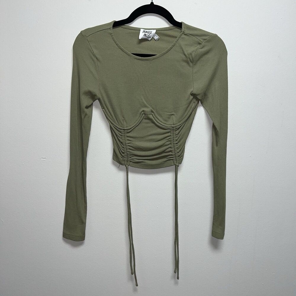 Princess Polly olive green long sleeve top women’s size (4) small rouching